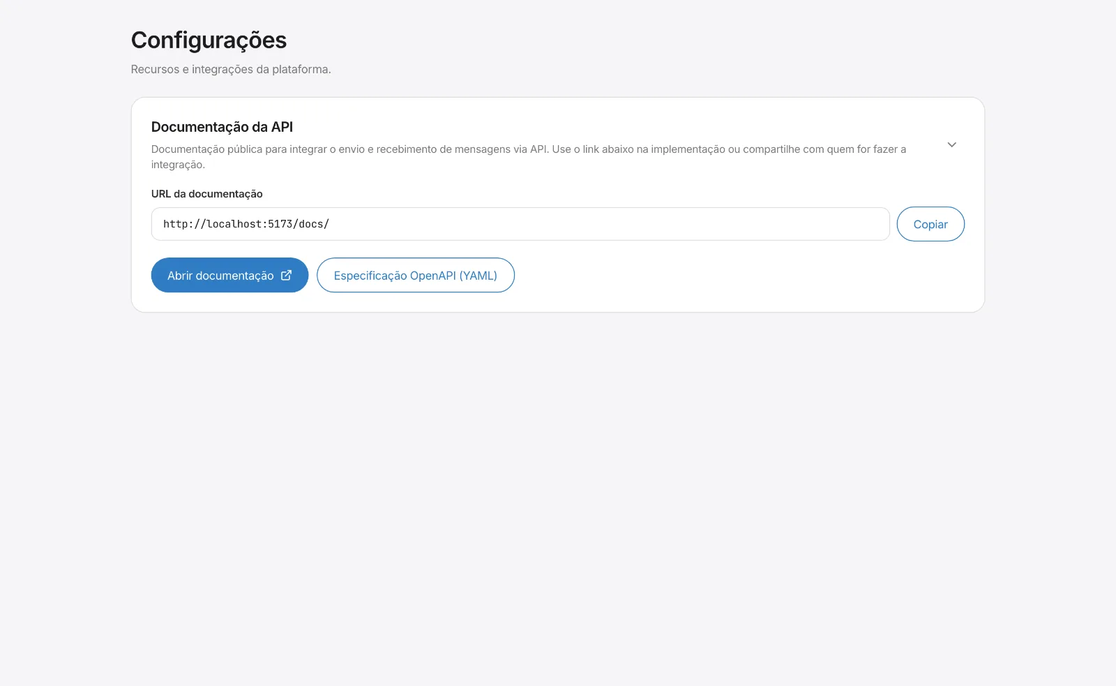Configurações com link da documentação da API