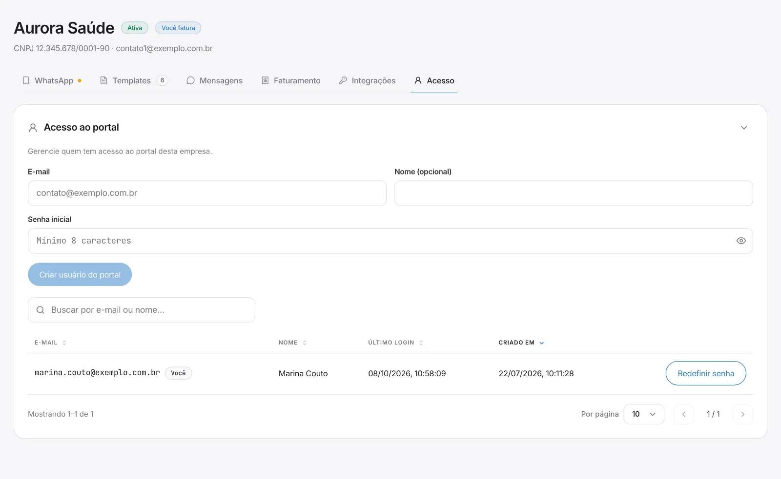 Portal só da empresa, com as abas do canal.