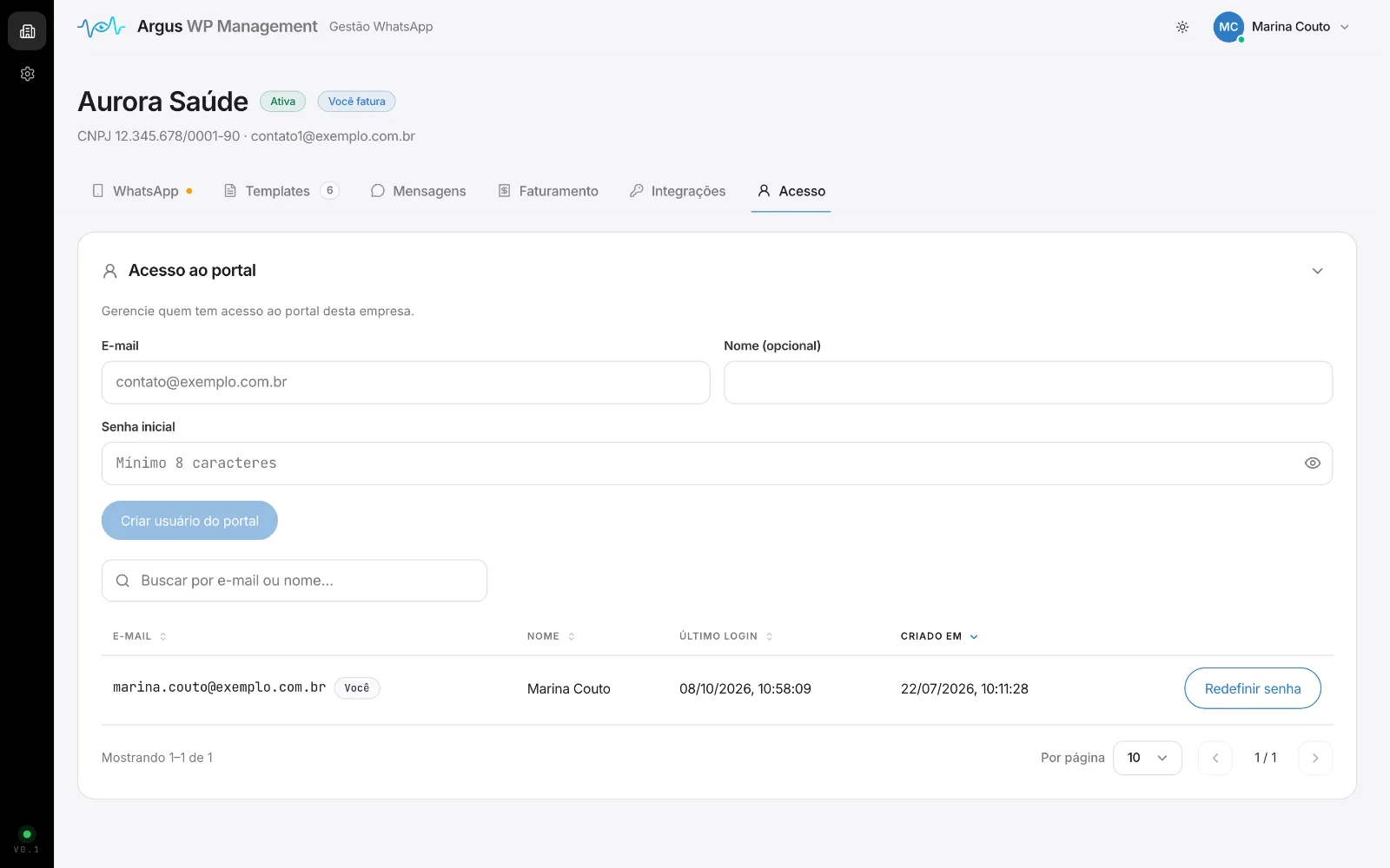 Aba Acesso com usuários do portal da empresa