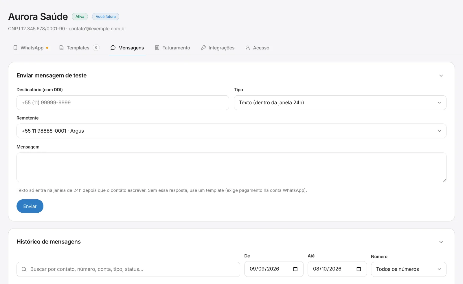 Status, qualidade, pagamento e erro legível na ficha da empresa.