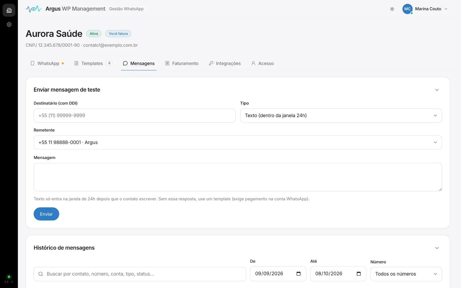 Aba Mensagens com histórico e status.