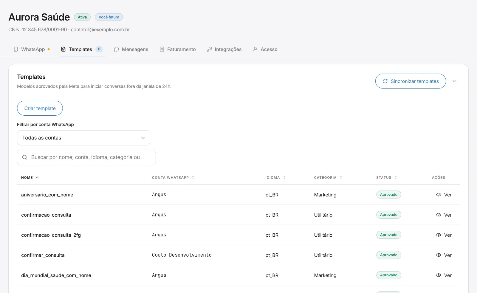 Aba Templates com sync, status Meta e uso no envio.