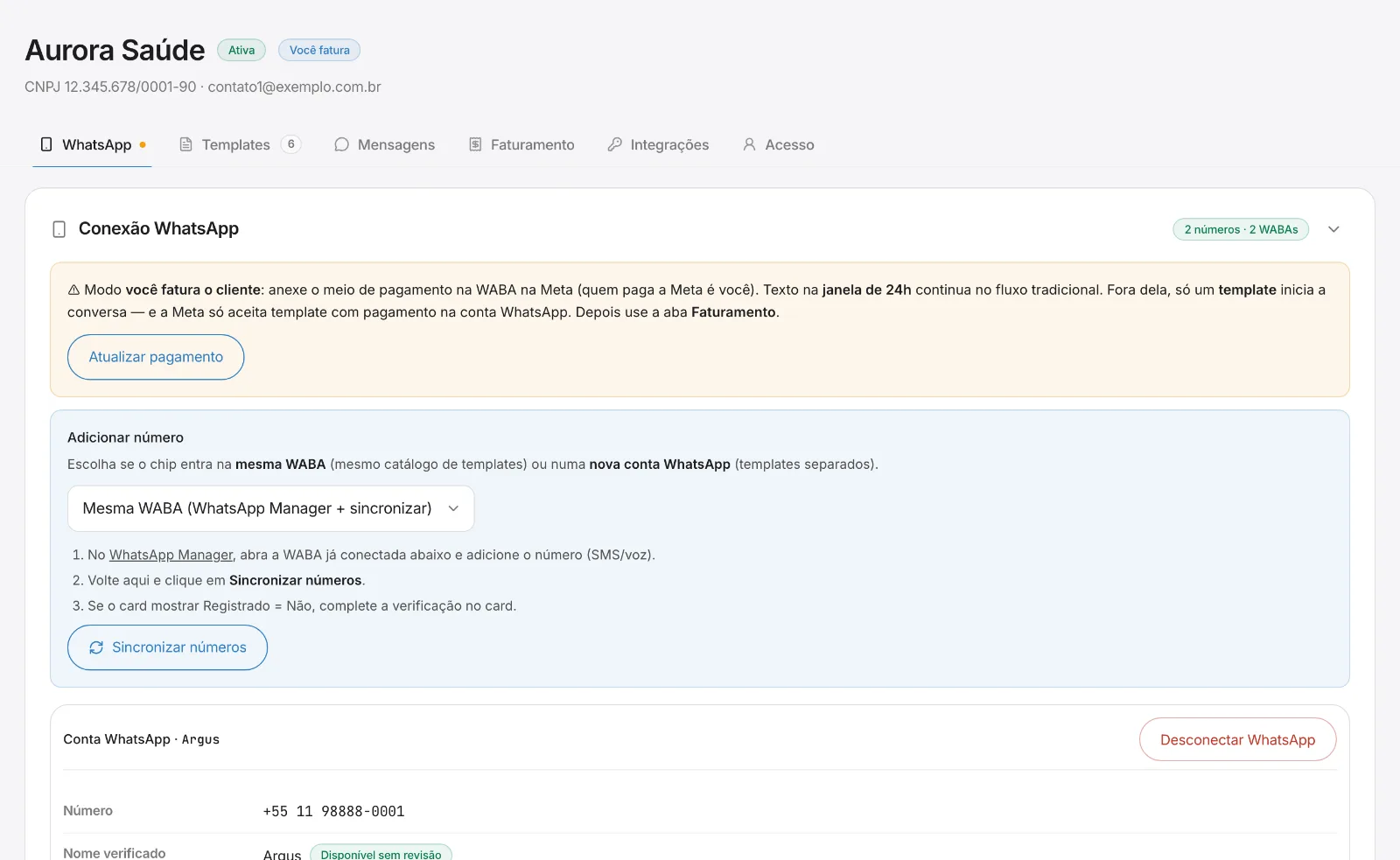 Um painel multiempresa com WABA e chave por CNPJ.